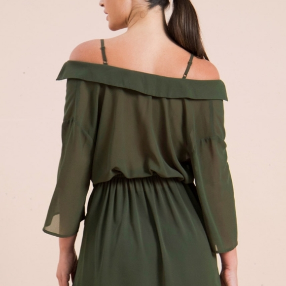Olive Cold Shoulder Blouse w/ Collar & Twist Knot - Picture 2 of 10
